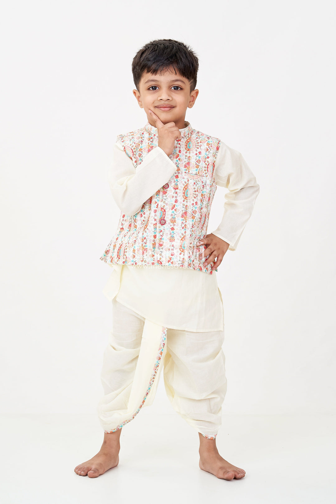 The Nesavu Boys Dothi Set Boys Dhoti Kurta Jacket Set in Beige Cotton with Digital Print Vest and Traditional Dhoti Pants Nesavu 12 (3M) / Multicolor BES701A-12 Boys Dhoti Kurta Jacket Set Beige Cotton Base Multicolor Digital Print Vest | The Nesavu