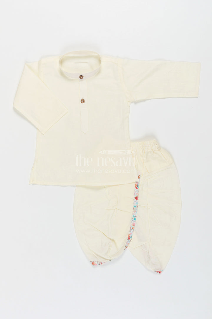 The Nesavu Boys Dothi Set Boys Dhoti Kurta Jacket Set in Beige Cotton with Digital Print Vest and Traditional Dhoti Pants Nesavu Boys Dhoti Kurta Jacket Set Beige Cotton Base Multicolor Digital Print Vest | The Nesavu
