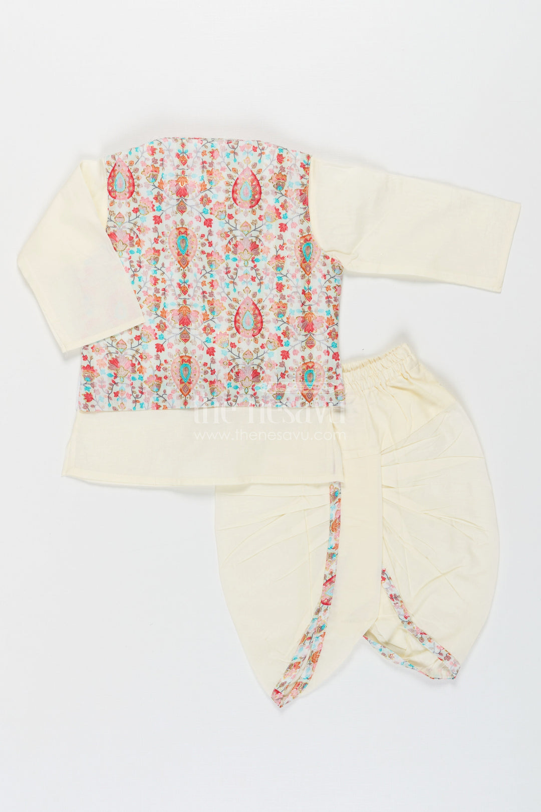 The Nesavu Boys Dothi Set Boys Dhoti Kurta Jacket Set in Beige Cotton with Digital Print Vest and Traditional Dhoti Pants Nesavu Boys Dhoti Kurta Jacket Set Beige Cotton Base Multicolor Digital Print Vest | The Nesavu