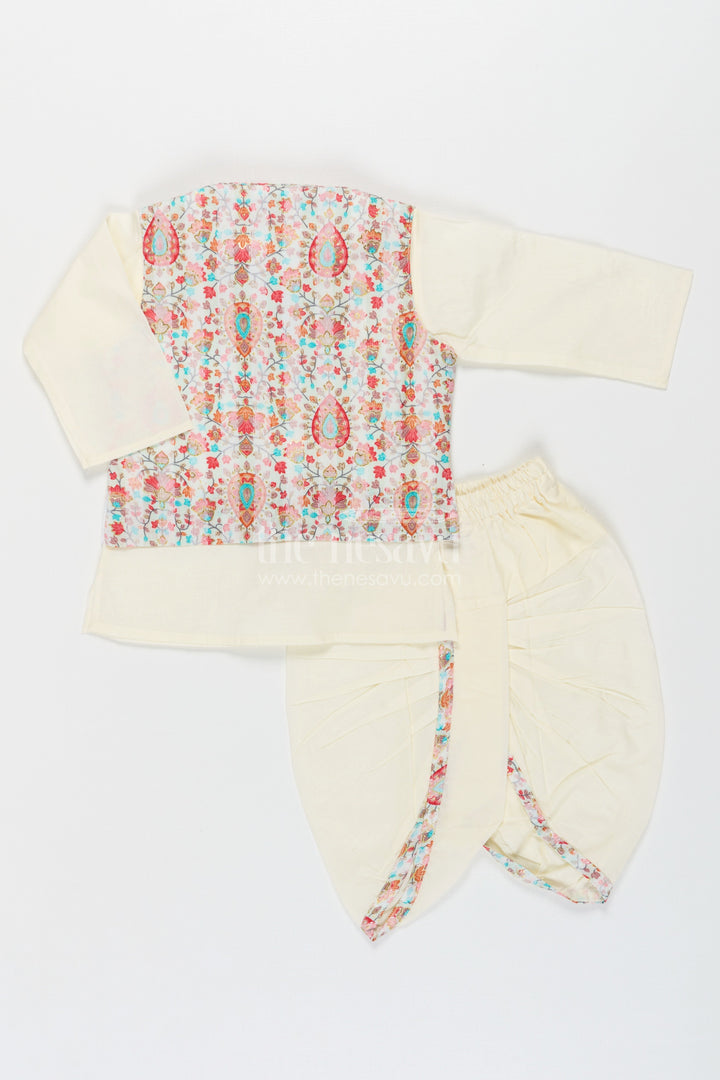 The Nesavu Boys Dothi Set Boys Dhoti Kurta Jacket Set in Beige Cotton with Digital Print Vest and Traditional Dhoti Pants Nesavu Boys Dhoti Kurta Jacket Set Beige Cotton Base Multicolor Digital Print Vest | The Nesavu