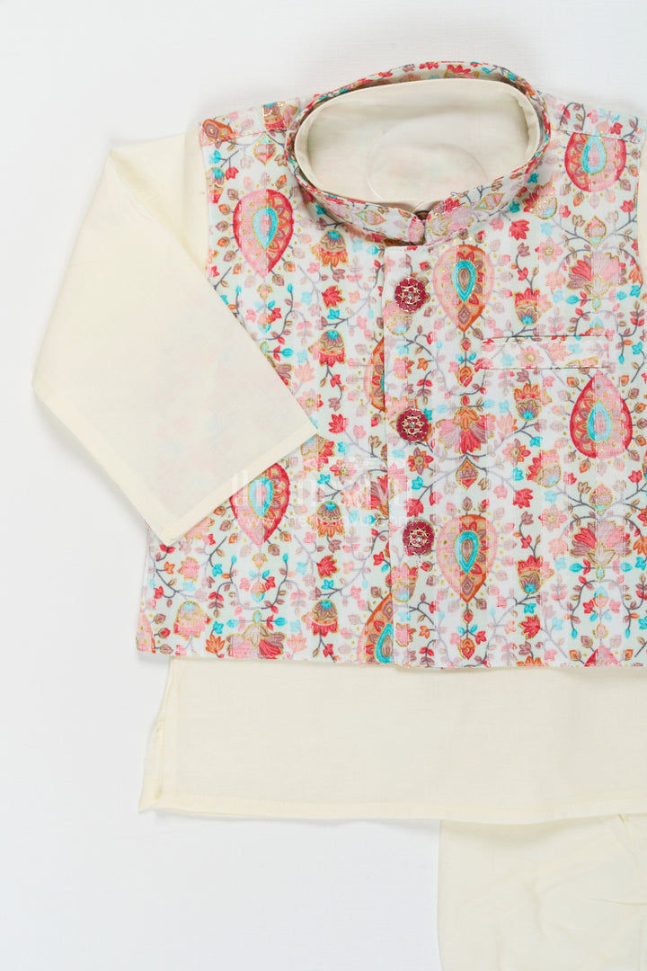 The Nesavu Boys Dothi Set Boys Dhoti Kurta Jacket Set in Beige Cotton with Digital Print Vest and Traditional Dhoti Pants Nesavu Boys Dhoti Kurta Jacket Set Beige Cotton Base Multicolor Digital Print Vest | The Nesavu