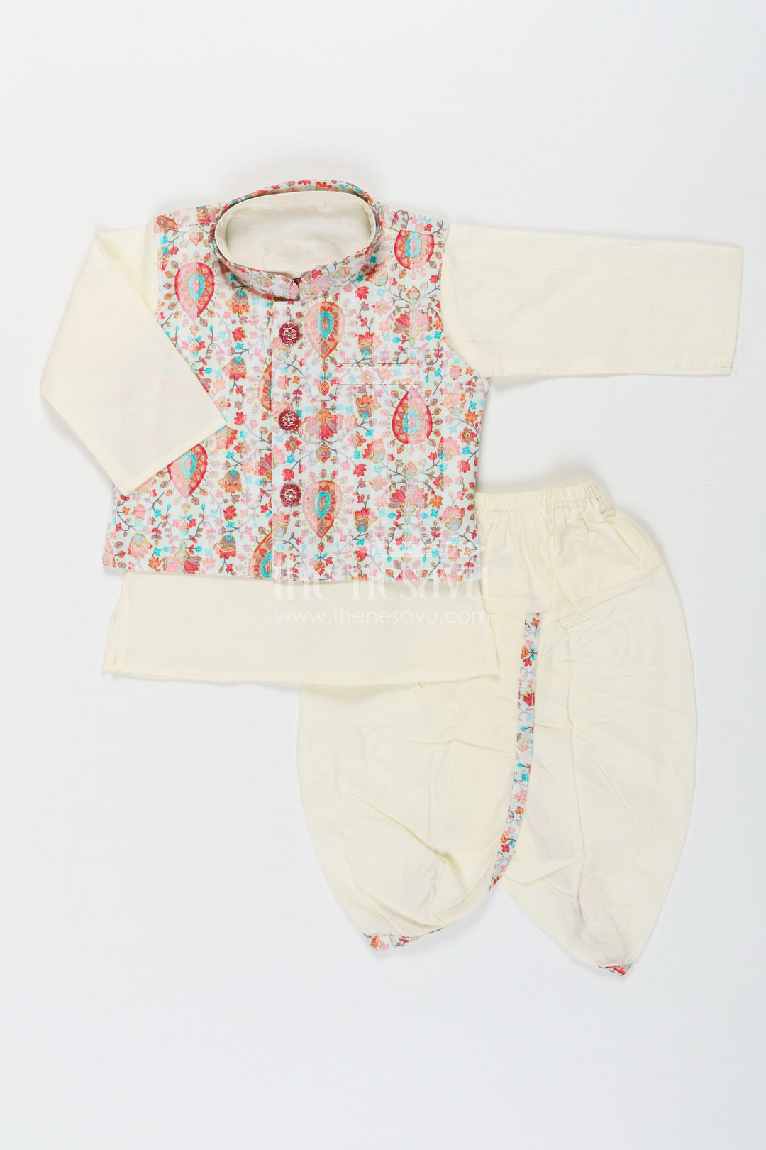 The Nesavu Boys Dothi Set Boys Dhoti Kurta Jacket Set in Beige Cotton with Digital Print Vest and Traditional Dhoti Pants Nesavu Boys Dhoti Kurta Jacket Set Beige Cotton Base Multicolor Digital Print Vest | The Nesavu