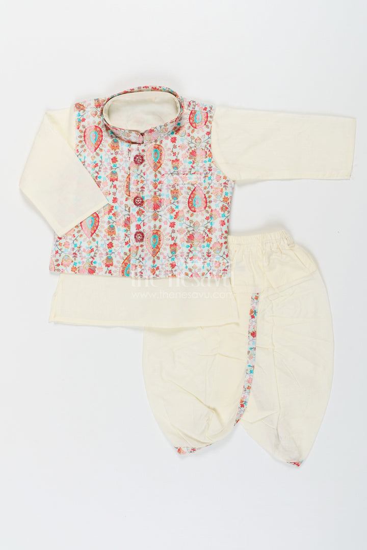 The Nesavu Boys Dothi Set Boys Dhoti Kurta Jacket Set in Beige Cotton with Digital Print Vest and Traditional Dhoti Pants Nesavu Boys Dhoti Kurta Jacket Set Beige Cotton Base Multicolor Digital Print Vest | The Nesavu