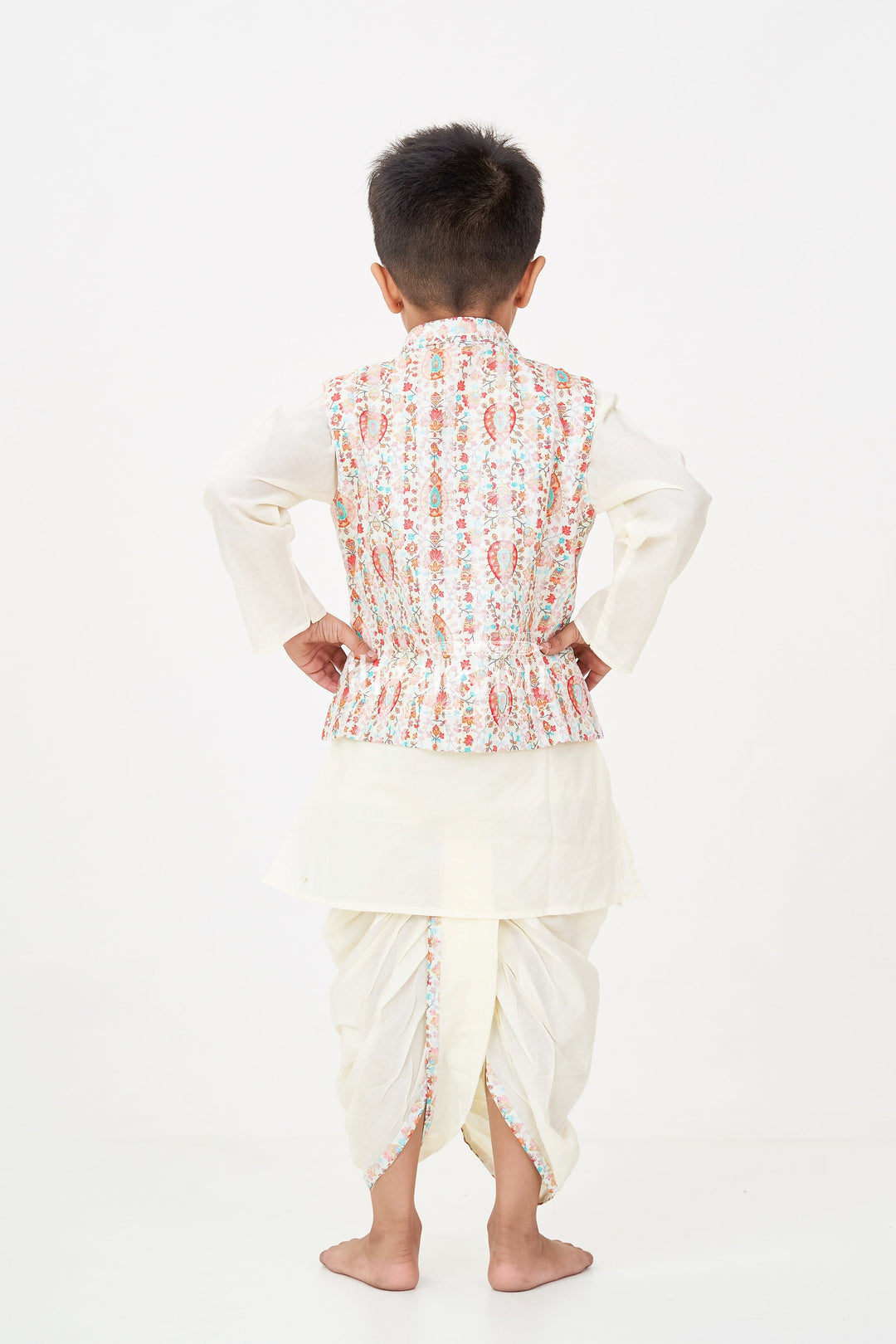 The Nesavu Boys Dothi Set Boys Dhoti Kurta Jacket Set in Beige Cotton with Digital Print Vest and Traditional Dhoti Pants Nesavu Boys Dhoti Kurta Jacket Set Beige Cotton Base Multicolor Digital Print Vest | The Nesavu