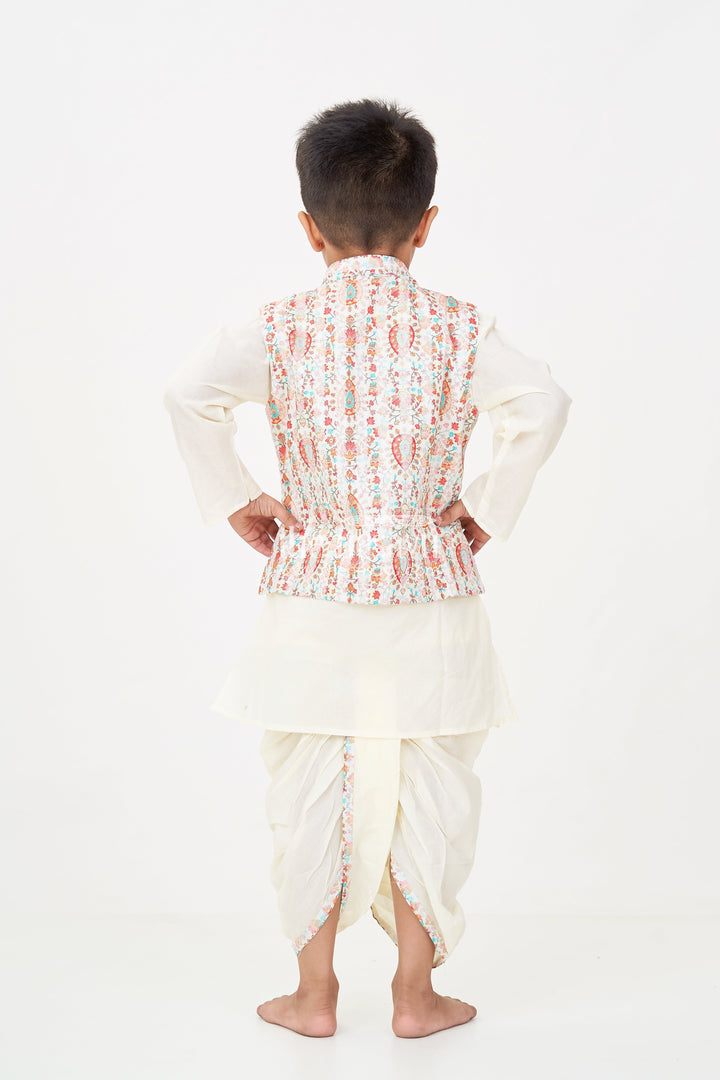 The Nesavu Boys Dothi Set Boys Dhoti Kurta Jacket Set in Beige Cotton with Digital Print Vest and Traditional Dhoti Pants Nesavu Boys Dhoti Kurta Jacket Set Beige Cotton Base Multicolor Digital Print Vest | The Nesavu