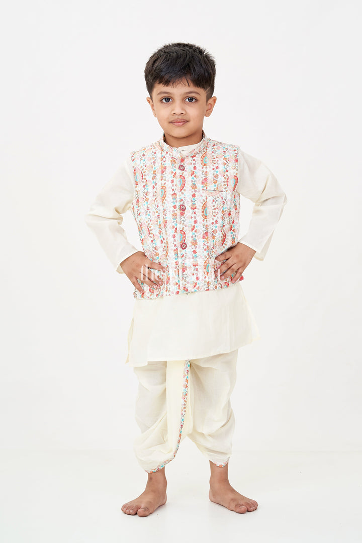 The Nesavu Boys Dothi Set Boys Dhoti Kurta Jacket Set in Beige Cotton with Digital Print Vest and Traditional Dhoti Pants Nesavu Boys Dhoti Kurta Jacket Set Beige Cotton Base Multicolor Digital Print Vest | The Nesavu