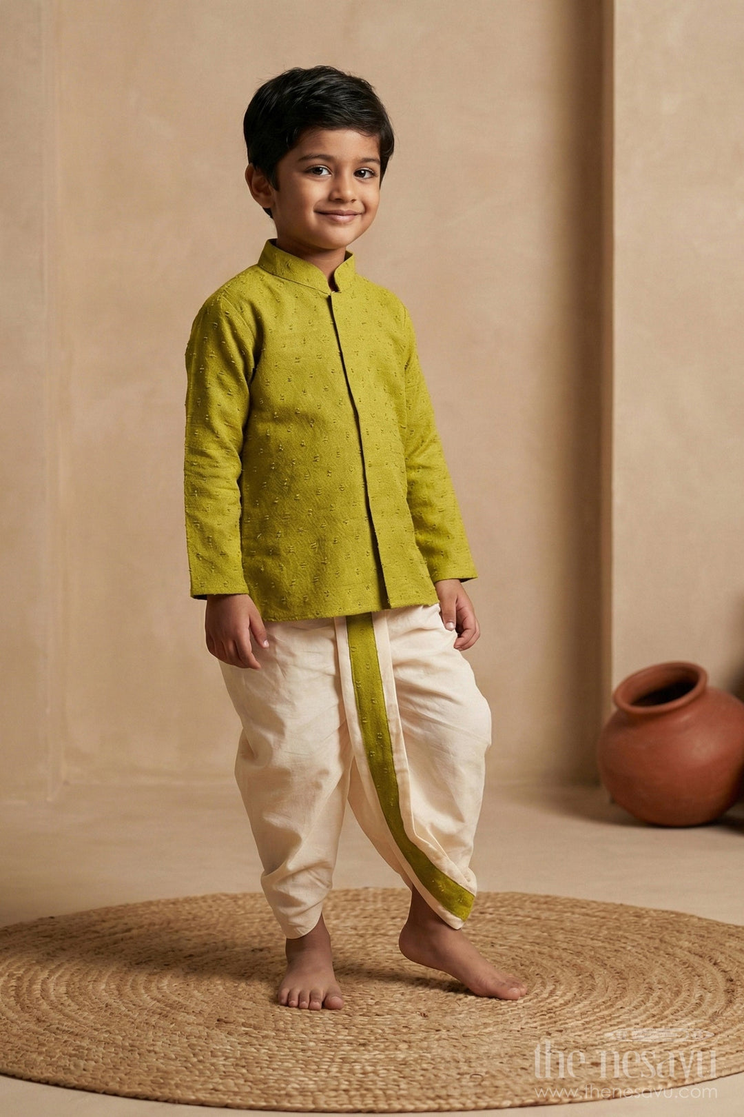 The Nesavu Boys Dothi Set Boys Dhoti Kurta Set for Temple Visits and Ethnic School Days Nesavu 16 (1Y) / Green BES768B-16 Nesavu boys cotton dhoti kurta set pujas rituals cultural school functions