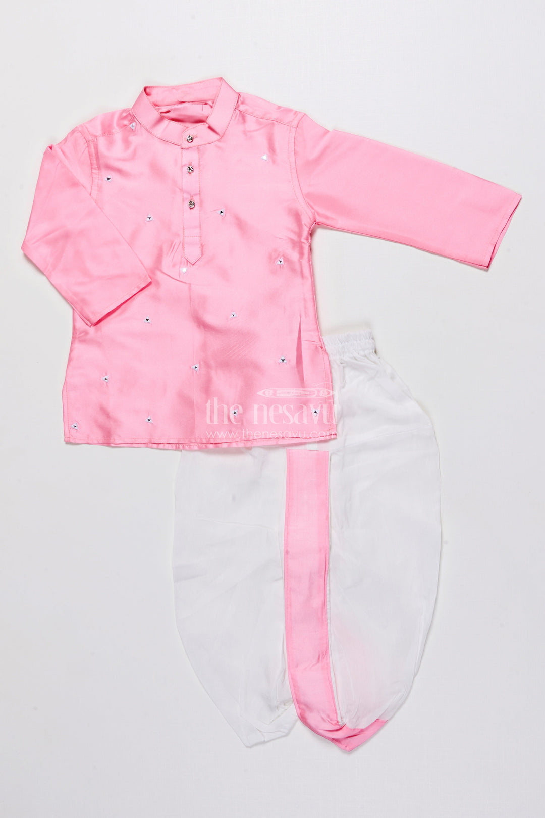 The Nesavu Boys Dothi Set Boys Dhoti Kurta Set for Traditional Family Functions and Temple Visits Nesavu 14 (6M) / Pink BES933A-14 Nesavu boys dhoti kurta set silk blend festive detailing perfect poojas cultural events