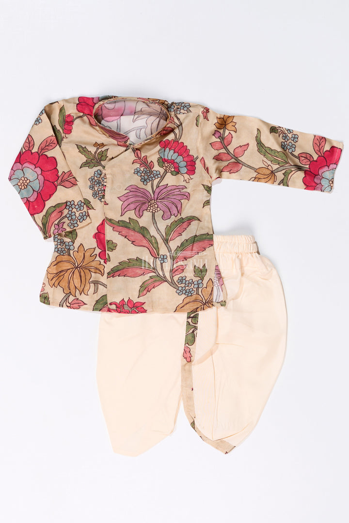 The Nesavu Boys Dothi Set Boys Dhoti Kurta Set with Kalamkari Printed Muslin Silk for Traditional and Festive Wear Nesavu 12 (3M) / Beige BES652A-12 Boys Dhoti Kurta Set Kalamkari Printed Muslin Silk Festive Traditional Wear | The Nesavu