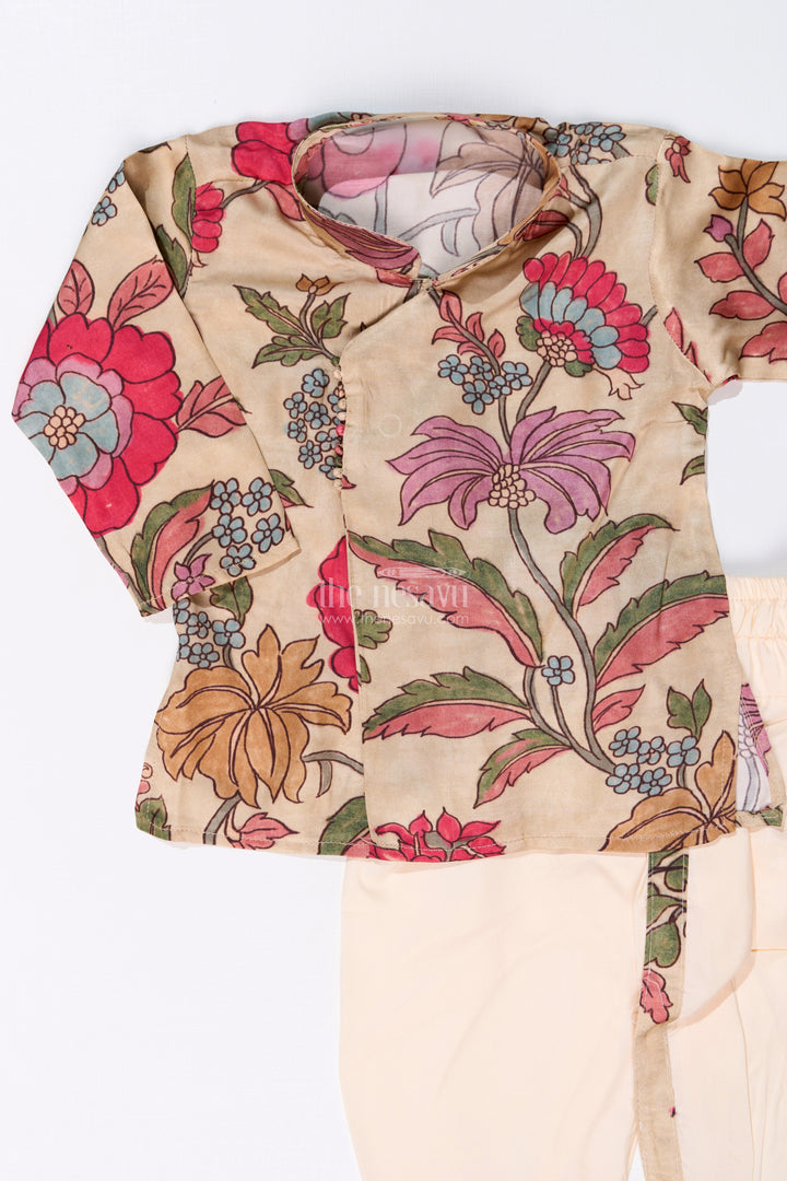 The Nesavu Boys Dothi Set Boys Dhoti Kurta Set with Kalamkari Printed Muslin Silk for Traditional and Festive Wear Nesavu Boys Dhoti Kurta Set Kalamkari Printed Muslin Silk Festive Traditional Wear | The Nesavu