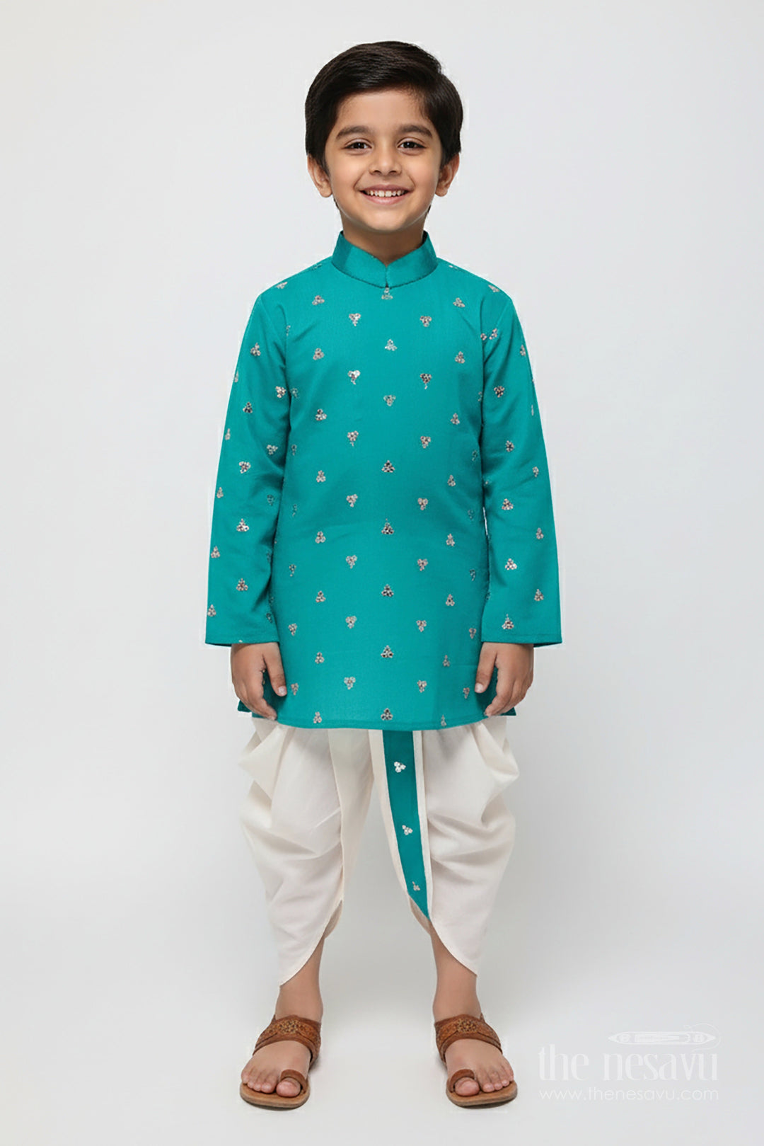 The Nesavu Boys Dothi Set Boys Dhoti Kurta Set with Mirror Embroidery for Festive Functions Nesavu 16 (1Y) / Green BES779B-16 Nesavu boys dhoti kurta set sequin mirror embroidery festivals traditional events