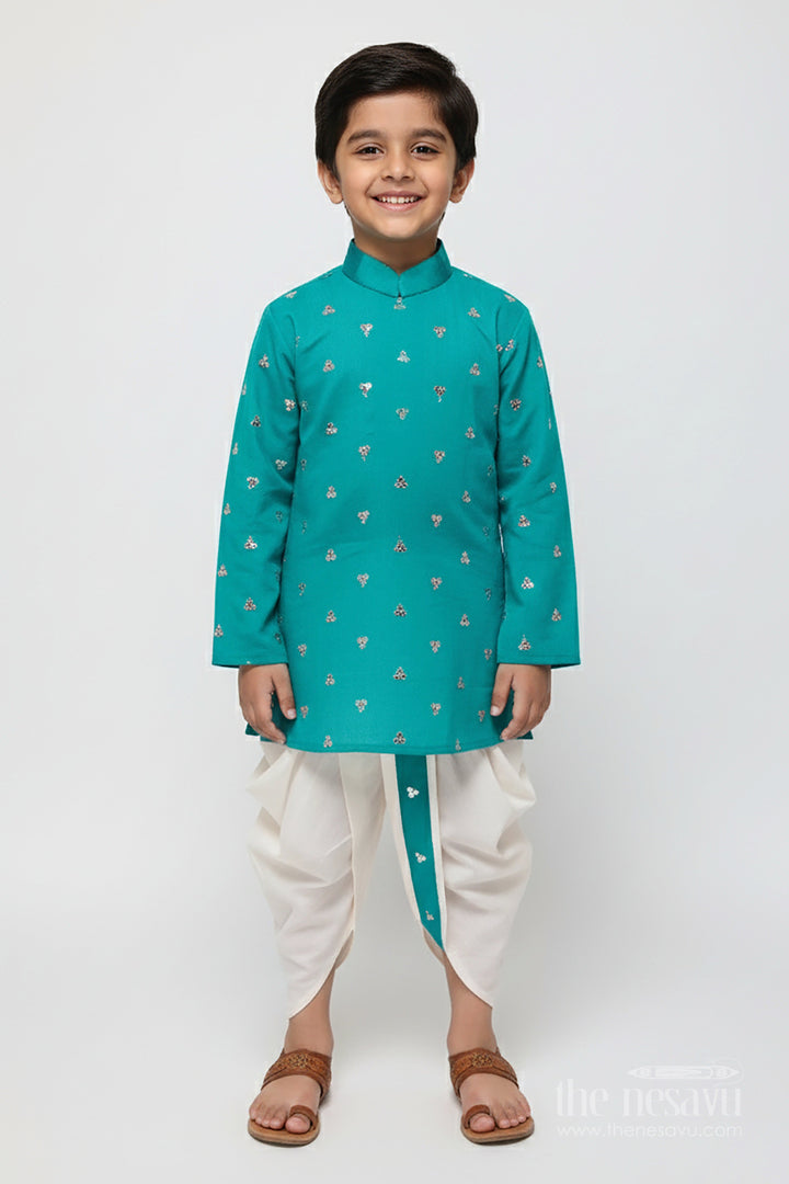 The Nesavu Boys Dothi Set Boys Dhoti Kurta Set with Mirror Embroidery for Festive Functions Nesavu 16 (1Y) / Green BES779B-16 Nesavu boys dhoti kurta set sequin mirror embroidery festivals traditional events