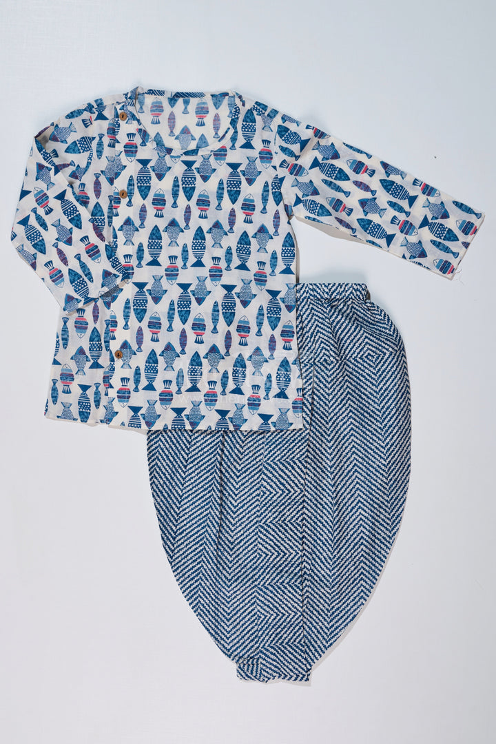 The Nesavu Boys Dothi Set Boys Dhoti Kurta Suit in Pure Block Print Cotton with Traditional Patterns and Full Sleeves Nesavu 12 (3M) / Blue BES632B-12 Boys Dhoti Kurta Suit Pure Block Print Cotton Traditional Patterns Full Sleeves | The Nesavu