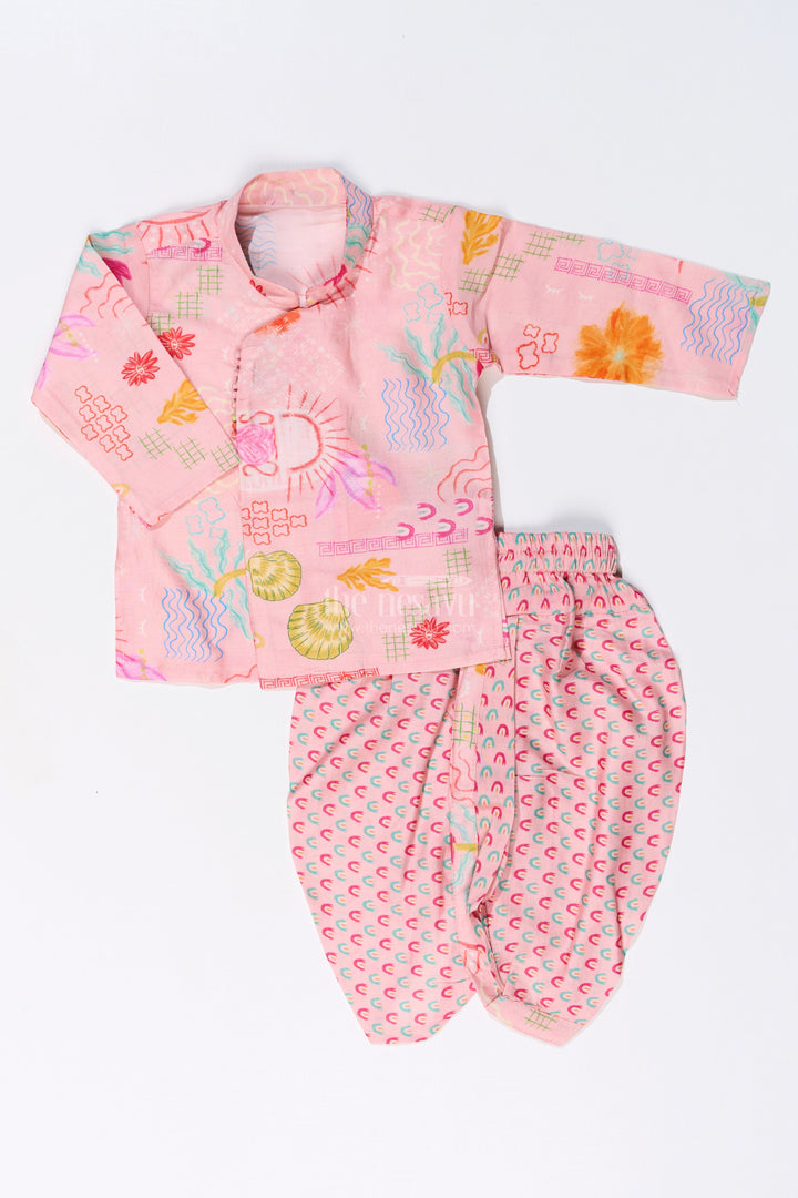 The Nesavu Boys Dothi Set Boys Dhoti Kurta with Floral Printed Cotton Fabric for Traditional and Festive Wear Nesavu 12 (3M) / Pink BES651A-12 Boys Dhoti Kurta Floral Printed Cotton Fabric Traditional Festive Wear | The Nesavu