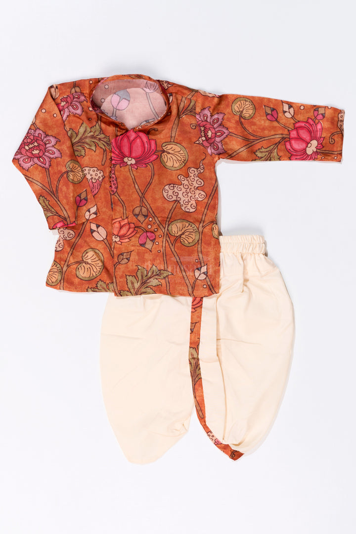 The Nesavu Boys Dothi Set Boys Dhoti Pajama Suit with Kalamkari Printed Muslin Silk for Traditional and Festive Wear Nesavu 12 (3M) / Orange BES653A-12 Boys Dhoti Pajama Suit Kalamkari Printed Muslin Silk Festive Cultural Wear | The Nesavu