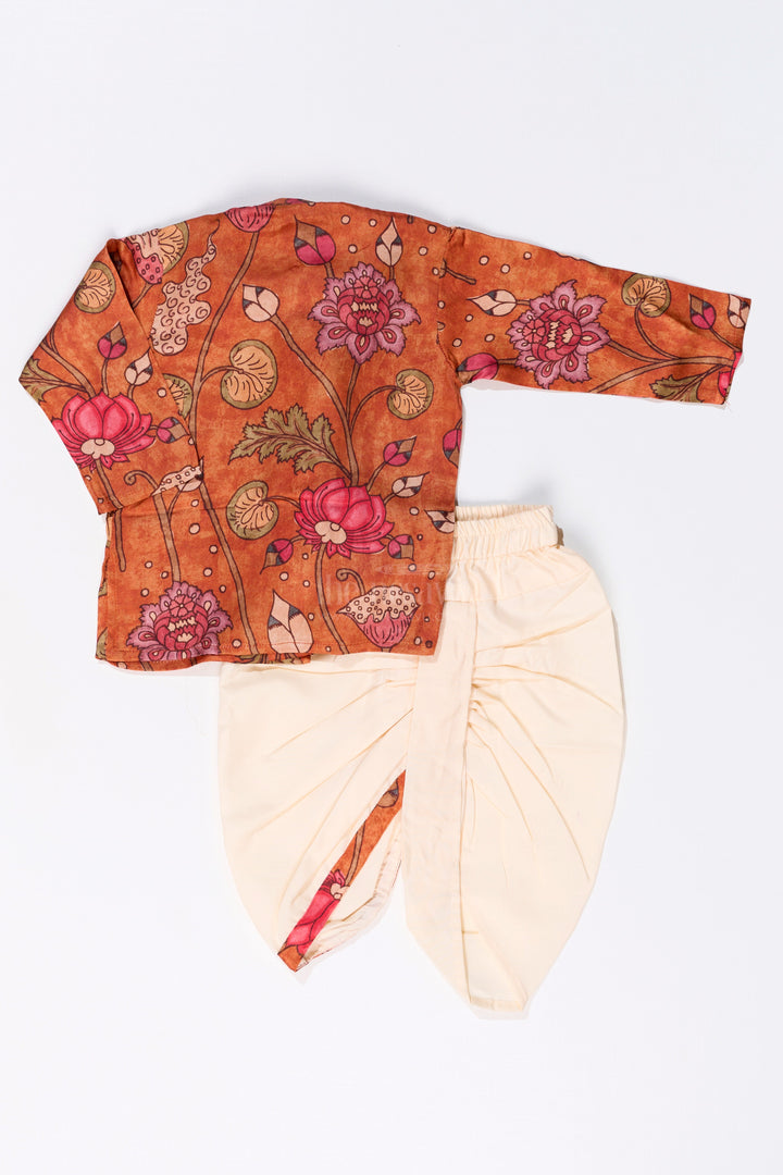 The Nesavu Boys Dothi Set Boys Dhoti Pajama Suit with Kalamkari Printed Muslin Silk for Traditional and Festive Wear Nesavu Boys Dhoti Pajama Suit Kalamkari Printed Muslin Silk Festive Cultural Wear | The Nesavu