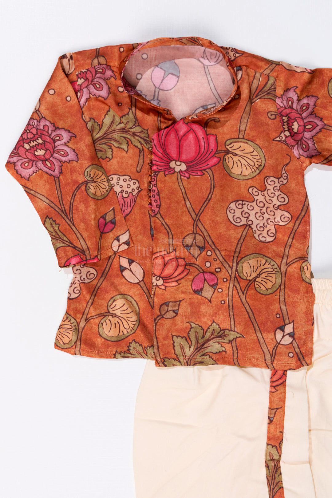 The Nesavu Boys Dothi Set Boys Dhoti Pajama Suit with Kalamkari Printed Muslin Silk for Traditional and Festive Wear Nesavu Boys Dhoti Pajama Suit Kalamkari Printed Muslin Silk Festive Cultural Wear | The Nesavu