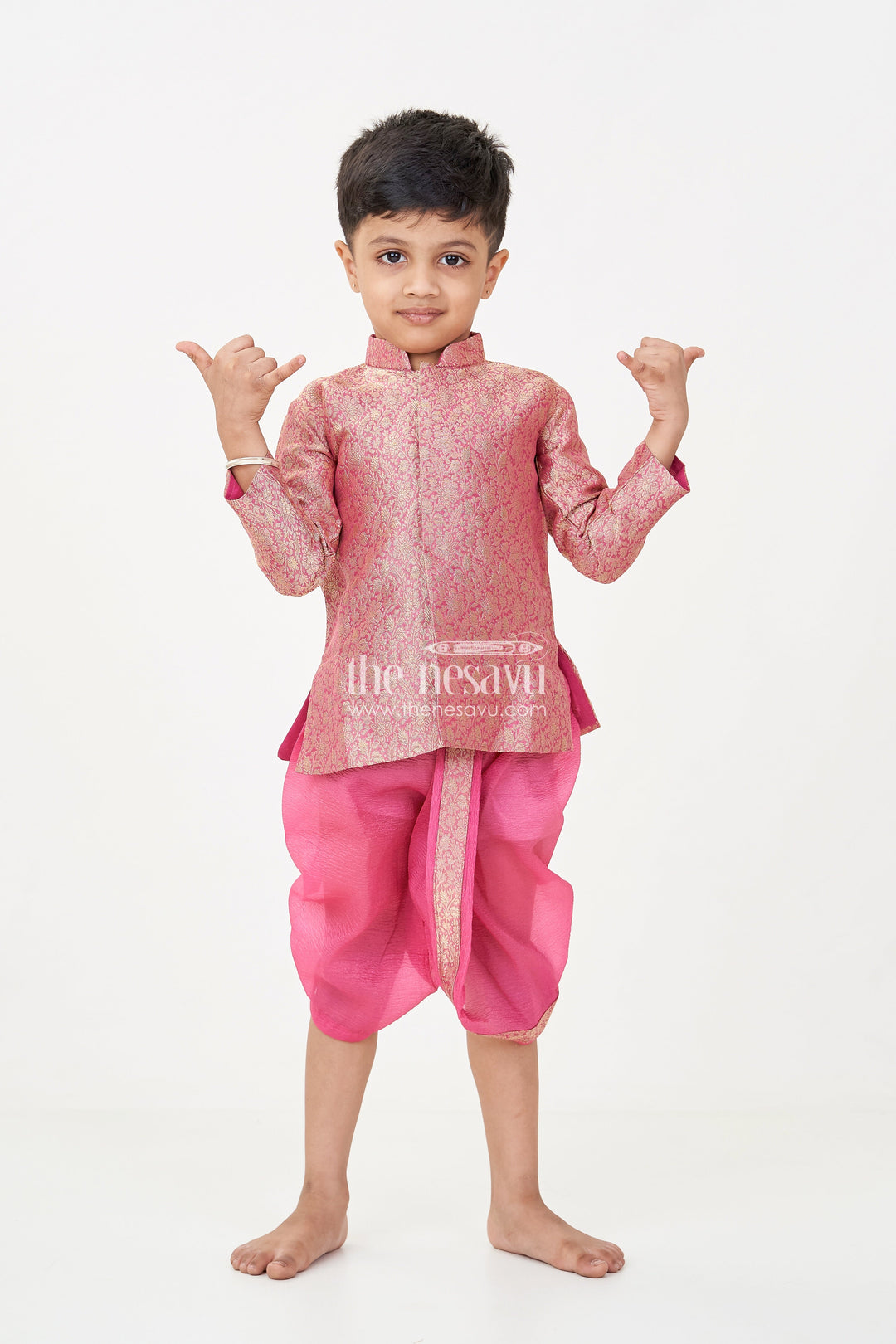 The Nesavu Boys Dothi Set Boys Dhoti Pant Suit in Banarasi Kora Tissue with Traditional Jacket and Crinkled Bottoms Nesavu 10 (NB) / Pink BES703A-10 Boys Dhoti Pant Suit Maroon Banarasi Kora Tissue Traditional Jacket Crinkled Pants | The Nesavu