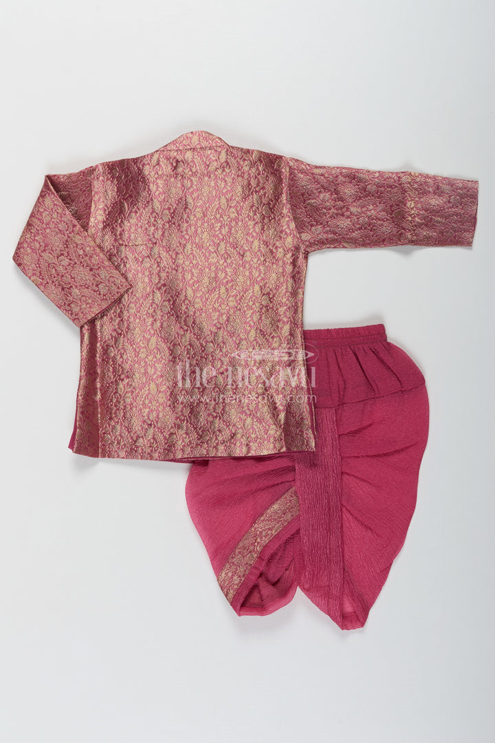 The Nesavu Boys Dothi Set Boys Dhoti Pant Suit in Banarasi Kora Tissue with Traditional Jacket and Crinkled Bottoms Nesavu Boys Dhoti Pant Suit Maroon Banarasi Kora Tissue Traditional Jacket Crinkled Pants | The Nesavu