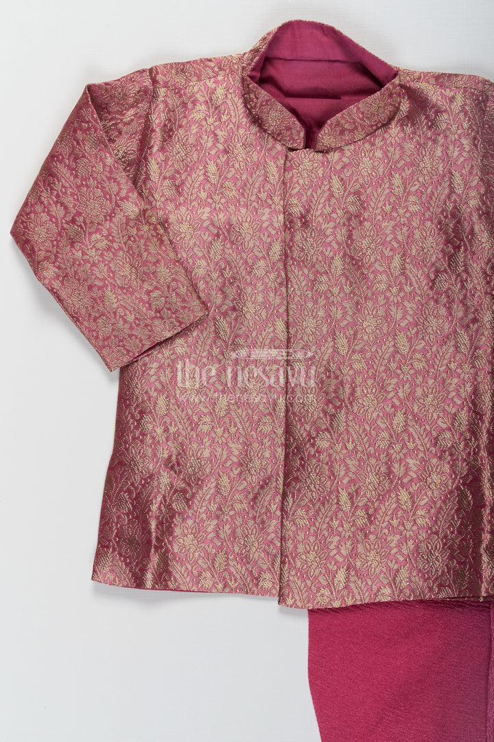 The Nesavu Boys Dothi Set Boys Dhoti Pant Suit in Banarasi Kora Tissue with Traditional Jacket and Crinkled Bottoms Nesavu Boys Dhoti Pant Suit Maroon Banarasi Kora Tissue Traditional Jacket Crinkled Pants | The Nesavu