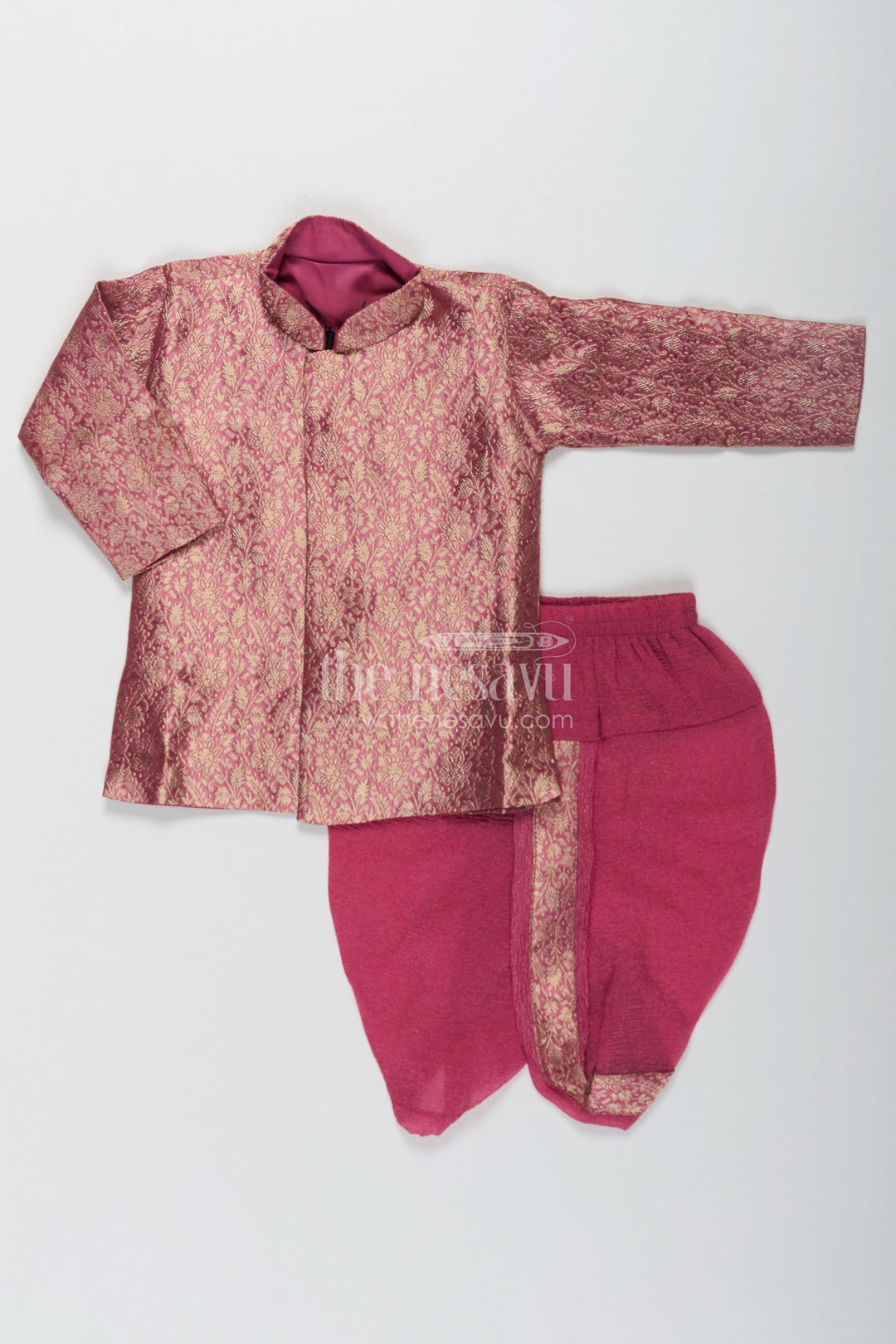The Nesavu Boys Dothi Set Boys Dhoti Pant Suit in Banarasi Kora Tissue with Traditional Jacket and Crinkled Bottoms Nesavu Boys Dhoti Pant Suit Maroon Banarasi Kora Tissue Traditional Jacket Crinkled Pants | The Nesavu