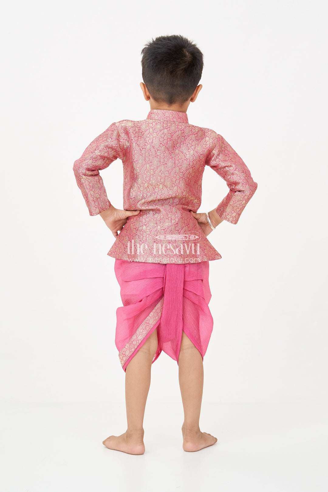 The Nesavu Boys Dothi Set Boys Dhoti Pant Suit in Banarasi Kora Tissue with Traditional Jacket and Crinkled Bottoms Nesavu Boys Dhoti Pant Suit Maroon Banarasi Kora Tissue Traditional Jacket Crinkled Pants | The Nesavu