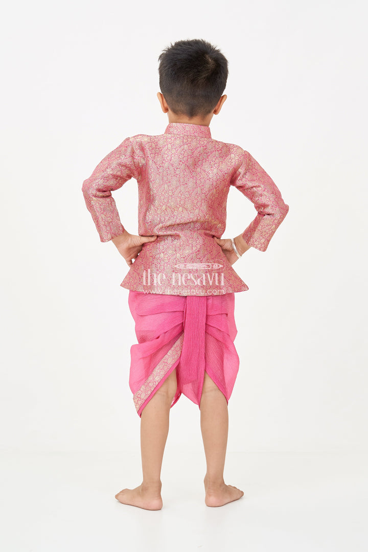 The Nesavu Boys Dothi Set Boys Dhoti Pant Suit in Banarasi Kora Tissue with Traditional Jacket and Crinkled Bottoms Nesavu Boys Dhoti Pant Suit Maroon Banarasi Kora Tissue Traditional Jacket Crinkled Pants | The Nesavu