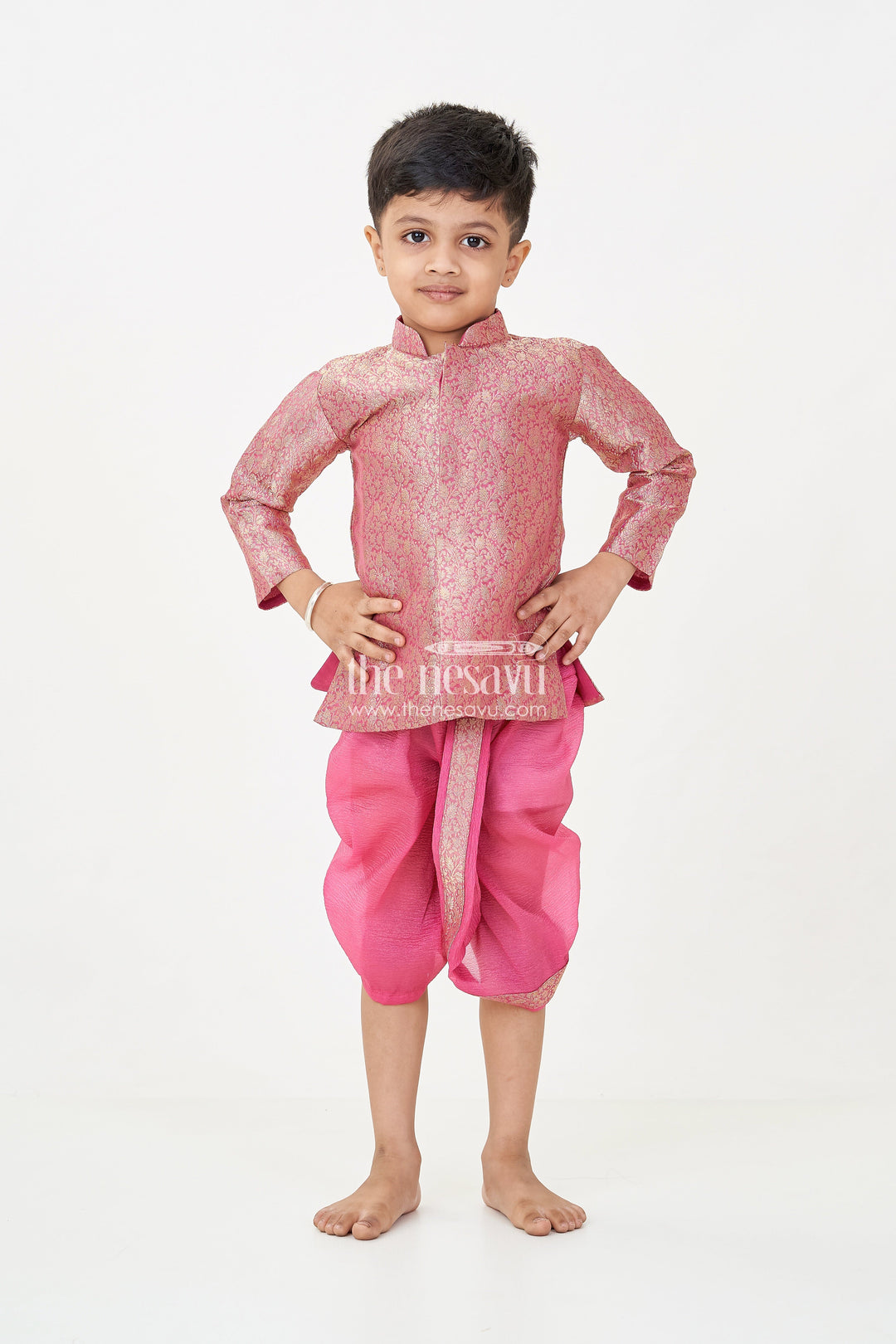 The Nesavu Boys Dothi Set Boys Dhoti Pant Suit in Banarasi Kora Tissue with Traditional Jacket and Crinkled Bottoms Nesavu Boys Dhoti Pant Suit Maroon Banarasi Kora Tissue Traditional Jacket Crinkled Pants | The Nesavu