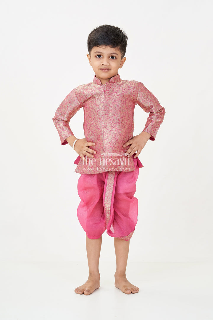 The Nesavu Boys Dothi Set Boys Dhoti Pant Suit in Banarasi Kora Tissue with Traditional Jacket and Crinkled Bottoms Nesavu Boys Dhoti Pant Suit Maroon Banarasi Kora Tissue Traditional Jacket Crinkled Pants | The Nesavu