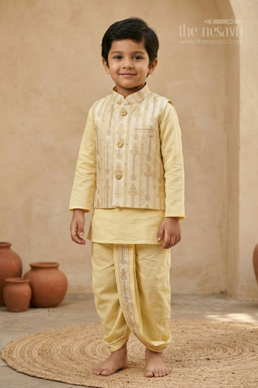The Nesavu Boys Dothi Set Boys Dhoti Set for Festivals and Traditional Family Functions Nesavu 12 (3M) / Yellow / Cotton Silk BES952B-12 Nesavu boys silk cotton dhoti set with designer jacket for festive occasions