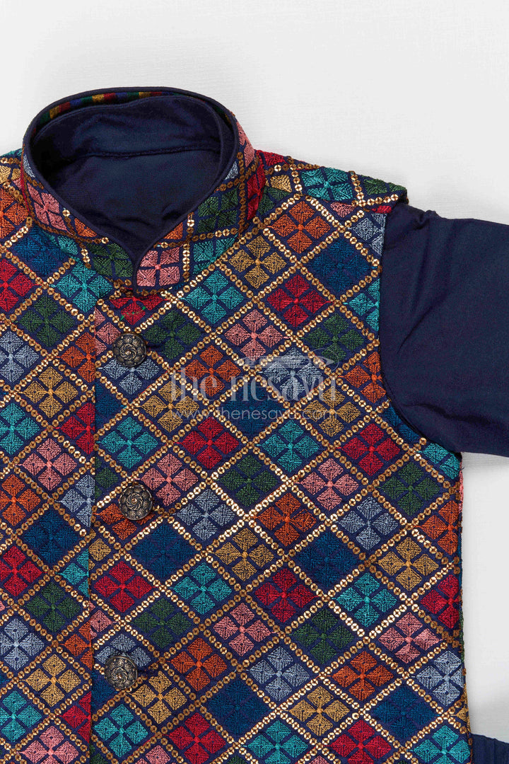 The Nesavu Boys Dothi Set Boys Dhoti Set for Festive Occasions and Traditional Functions Nesavu Nesavu boys silk cotton dhoti set with embroidered jacket for festive occasions