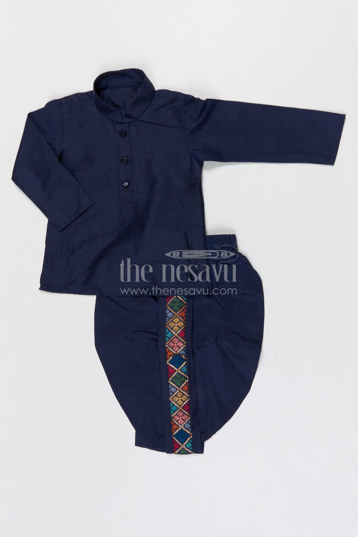 The Nesavu Boys Dothi Set Boys Dhoti Set for Festive Occasions and Traditional Functions Nesavu Nesavu boys silk cotton dhoti set with embroidered jacket for festive occasions