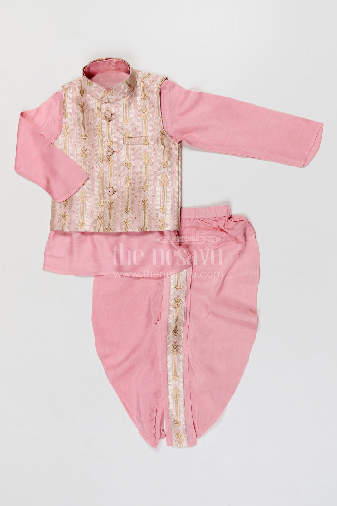 The Nesavu Boys Dothi Set Boys Dhoti Set for Naming Ceremony and Festive Occasions Nesavu 12 (3M) / Pink / Cotton Silk BES952A-12 Nesavu boys silk cotton dhoti set with designer jacket for naming ceremony and festive wear