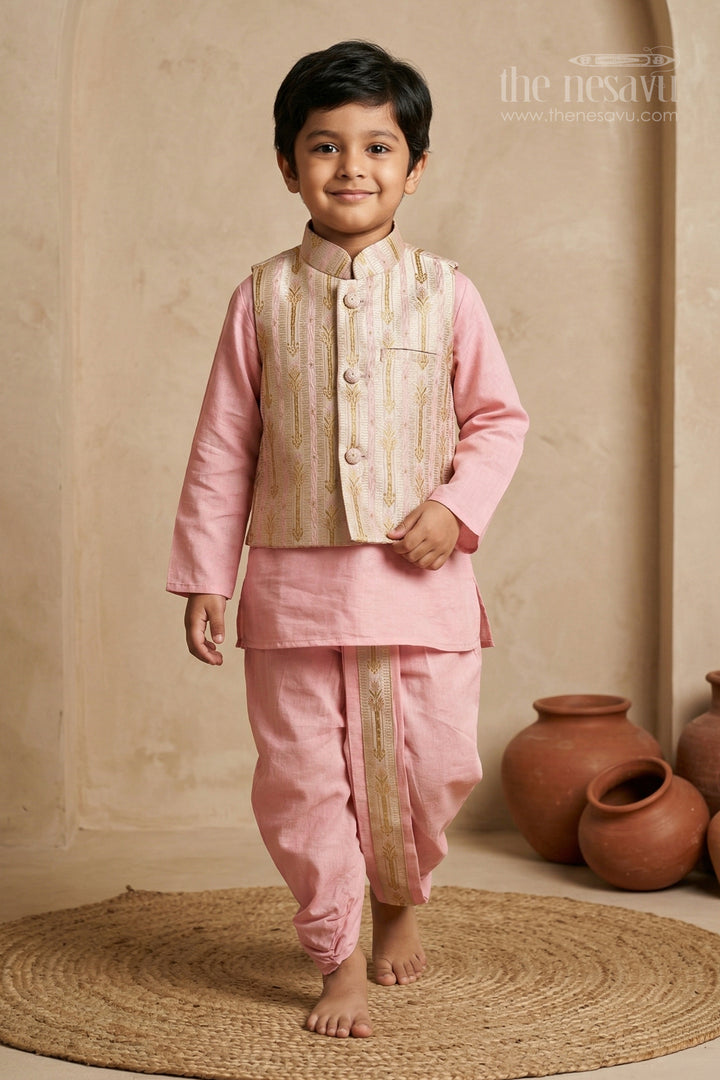 The Nesavu Boys Dothi Set Boys Dhoti Set for Naming Ceremony and Festive Occasions Nesavu 12 (3M) / Pink / Cotton Silk BES952A-12 Nesavu boys silk cotton dhoti set with designer jacket for naming ceremony and festive wear