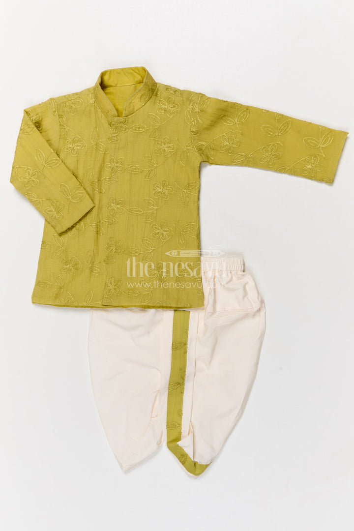 The Nesavu Boys Dothi Set Boys Dhoti Set for Traditional Functions and Festive Wear Nesavu 10 (NB) / Green / Silk Blend BES769B-10 Nesavu boys dhoti set for traditional and festive wear in green viscose blend silk