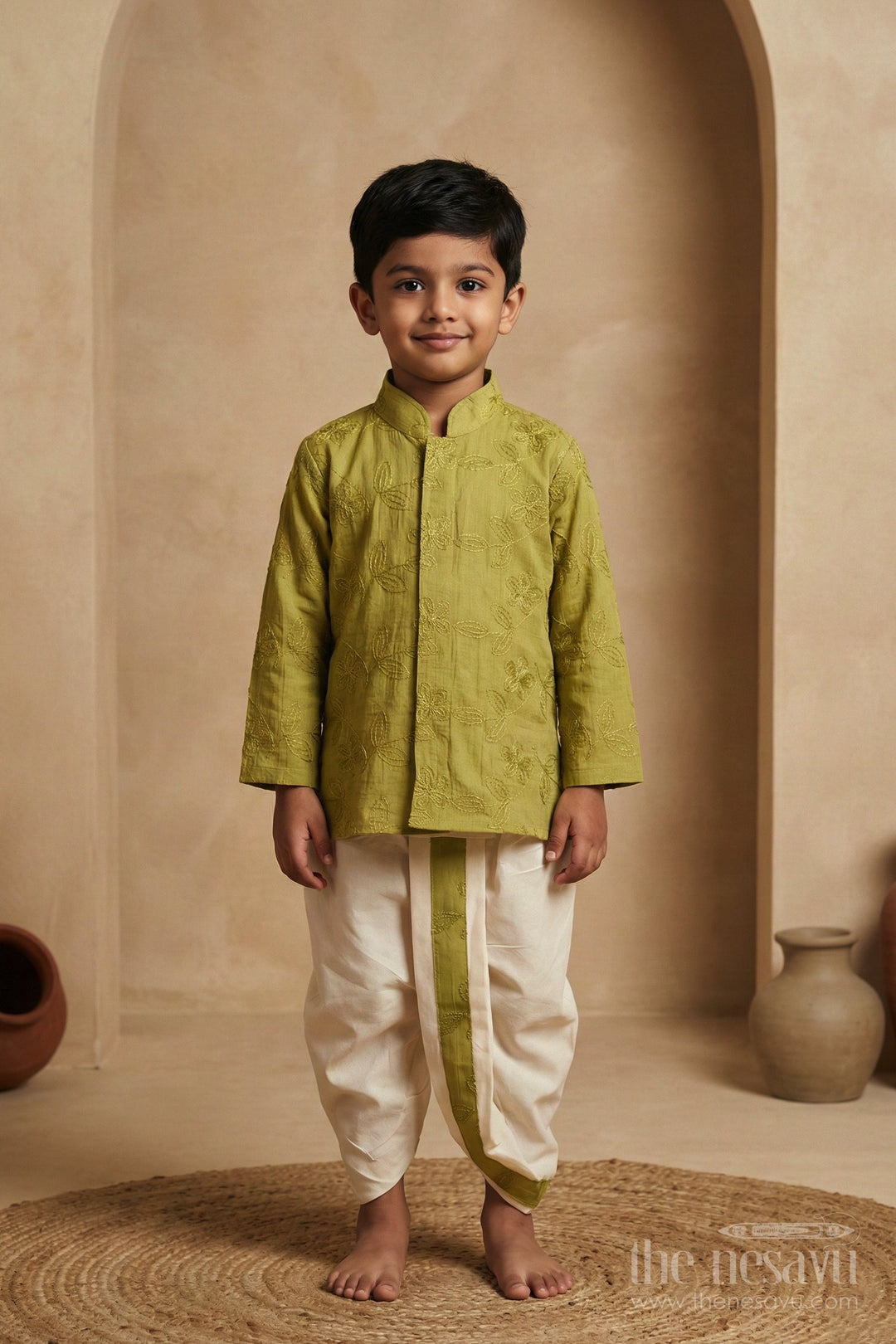 The Nesavu Boys Dothi Set Boys Dhoti Set for Traditional Functions and Festive Wear Nesavu Nesavu boys dhoti set for traditional and festive wear in green viscose blend silk