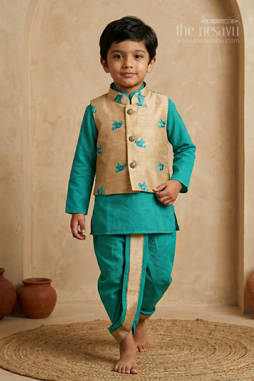 The Nesavu Boys Dothi Set Boys Dhoti Set for Weddings and Traditional Celebrations Nesavu 10 (NB) / Green / Cotton Silk BES953A-10 Nesavu boys silk cotton dhoti set with thread embroidery jacket for weddings