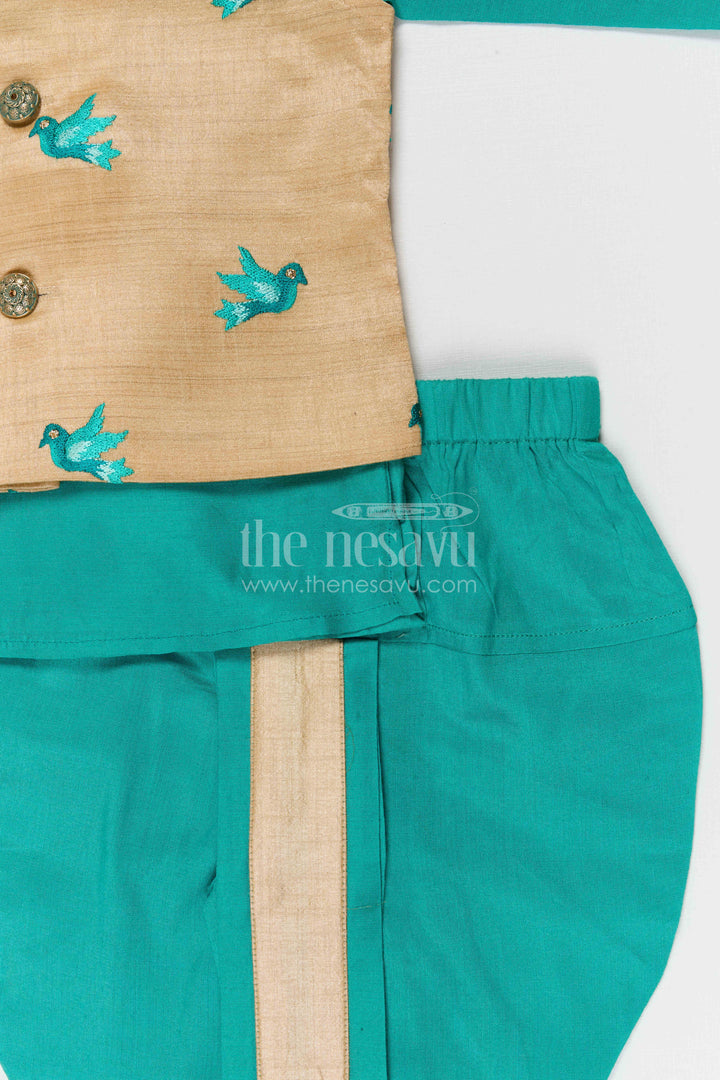 The Nesavu Boys Dothi Set Boys Dhoti Set for Weddings and Traditional Celebrations Nesavu Nesavu boys silk cotton dhoti set with thread embroidery jacket for weddings