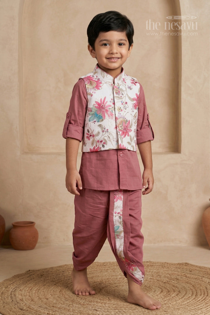 The Nesavu Boys Dothi Set Boys Dhoti Set with Jacket for Festive Celebrations and Temple Visits Nesavu 10 (NB) / Brown / Viscose Silk BES963A-10 Nesavu boys dhoti set with digital print jacket for festivals temple visits and cultural celebrations