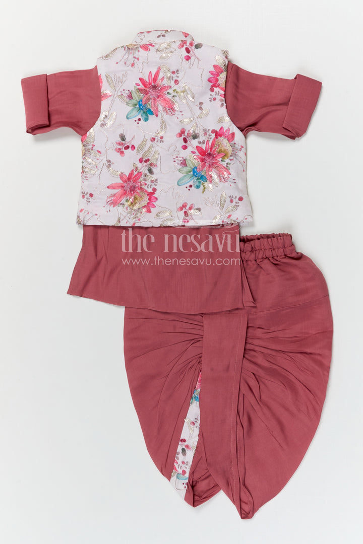 The Nesavu Boys Dothi Set Boys Dhoti Set with Jacket for Festive Celebrations and Temple Visits Nesavu Nesavu boys dhoti set with digital print jacket for festivals temple visits and cultural celebrations