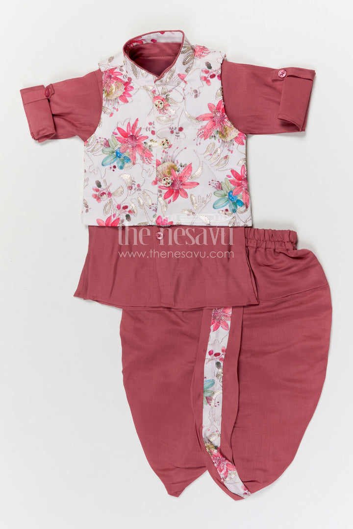 The Nesavu Boys Dothi Set Boys Dhoti Set with Jacket for Festive Celebrations and Temple Visits Nesavu Nesavu boys dhoti set with digital print jacket for festivals temple visits and cultural celebrations