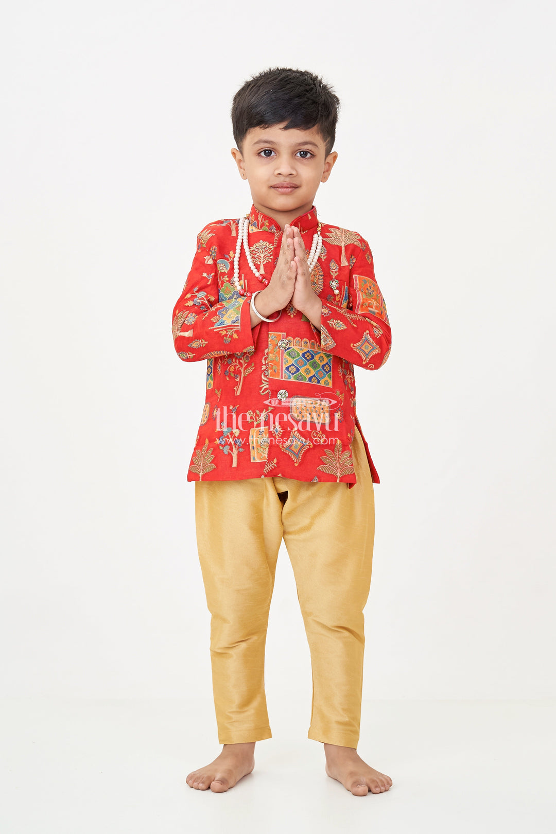 The Nesavu Boys Sherwani Boys Dhoti Sherwani Set with Red Digital Printed Kurta Jacket and Traditional Accessories Included Nesavu 12 (3M) / Red BES704B-12 Boys dhoti sherwani Set Red Digital Print Kurta Full Traditional Accessory Kit | The Nesavu