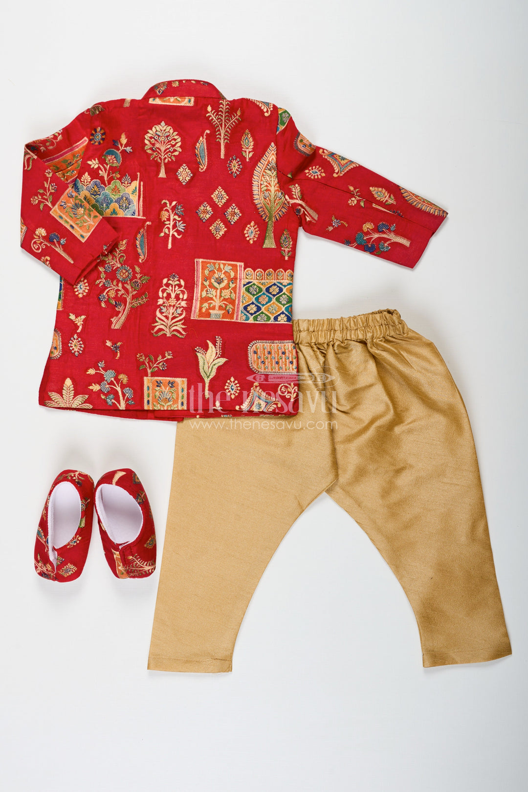The Nesavu Boys Sherwani Boys Dhoti Sherwani Set with Red Digital Printed Kurta Jacket and Traditional Accessories Included Nesavu Boys dhoti sherwani Set Red Digital Print Kurta Full Traditional Accessory Kit | The Nesavu