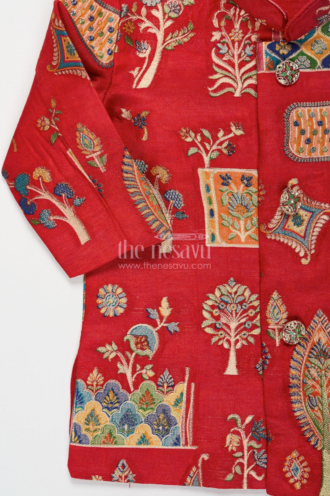The Nesavu Boys Sherwani Boys Dhoti Sherwani Set with Red Digital Printed Kurta Jacket and Traditional Accessories Included Nesavu Boys dhoti sherwani Set Red Digital Print Kurta Full Traditional Accessory Kit | The Nesavu