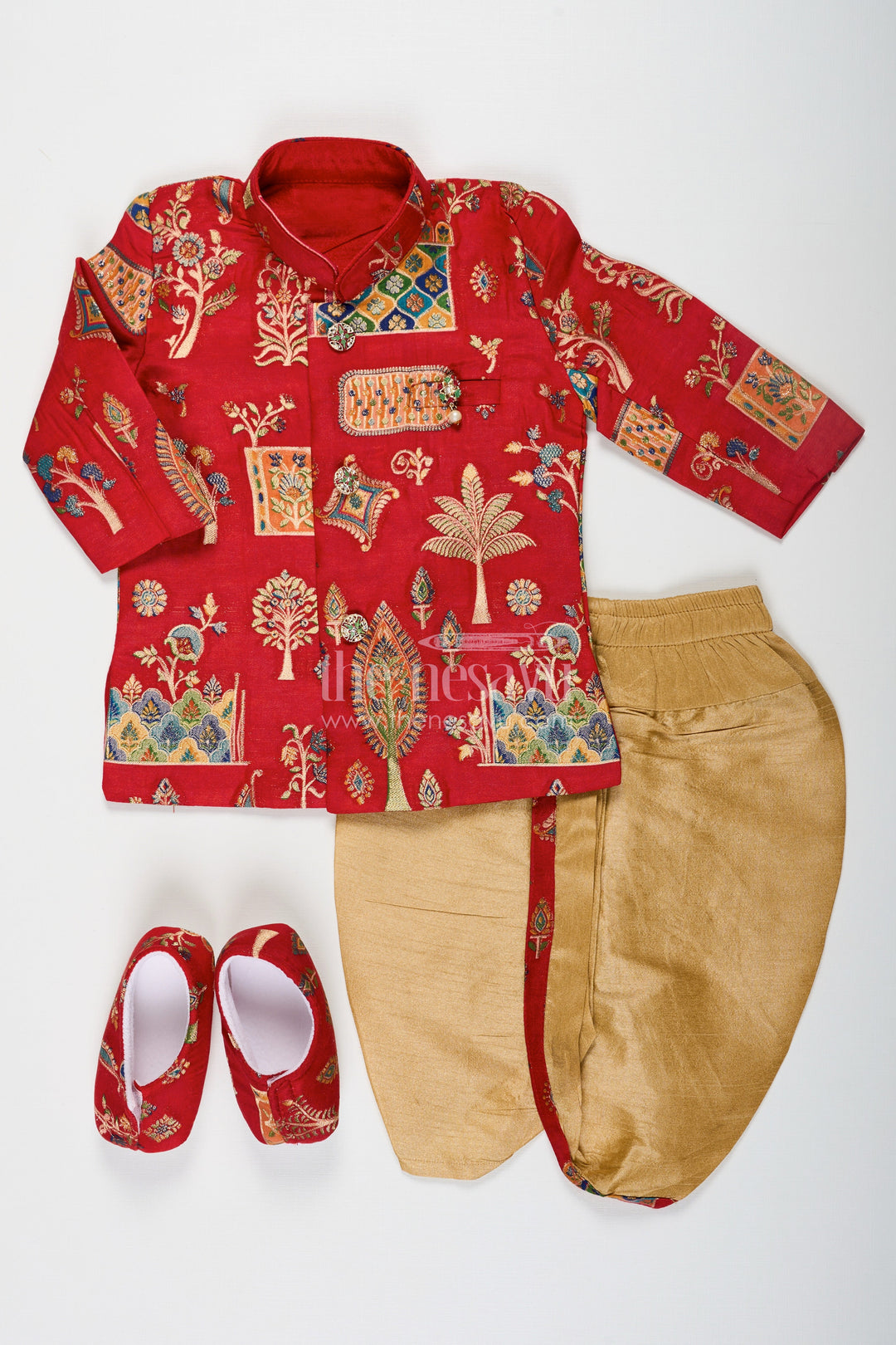 The Nesavu Boys Sherwani Boys Dhoti Sherwani Set with Red Digital Printed Kurta Jacket and Traditional Accessories Included Nesavu Boys dhoti sherwani Set Red Digital Print Kurta Full Traditional Accessory Kit | The Nesavu