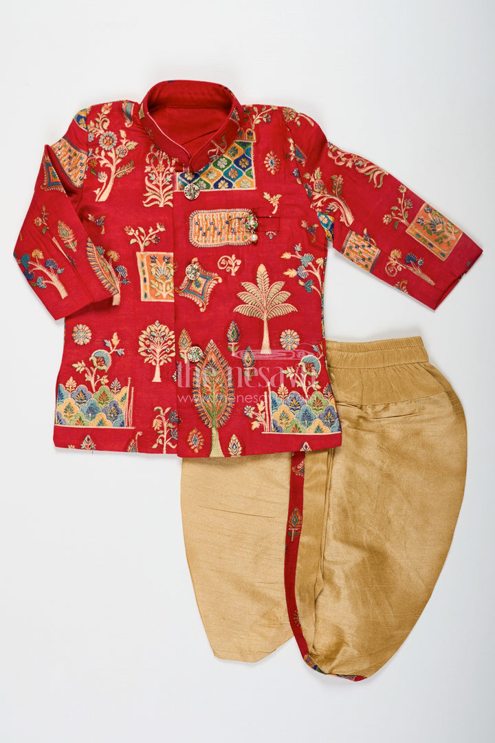 The Nesavu Boys Sherwani Boys Dhoti Sherwani Set with Red Digital Printed Kurta Jacket and Traditional Accessories Included Nesavu Boys dhoti sherwani Set Red Digital Print Kurta Full Traditional Accessory Kit | The Nesavu