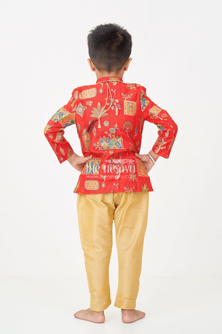 The Nesavu Boys Sherwani Boys Dhoti Sherwani Set with Red Digital Printed Kurta Jacket and Traditional Accessories Included Nesavu Boys dhoti sherwani Set Red Digital Print Kurta Full Traditional Accessory Kit | The Nesavu