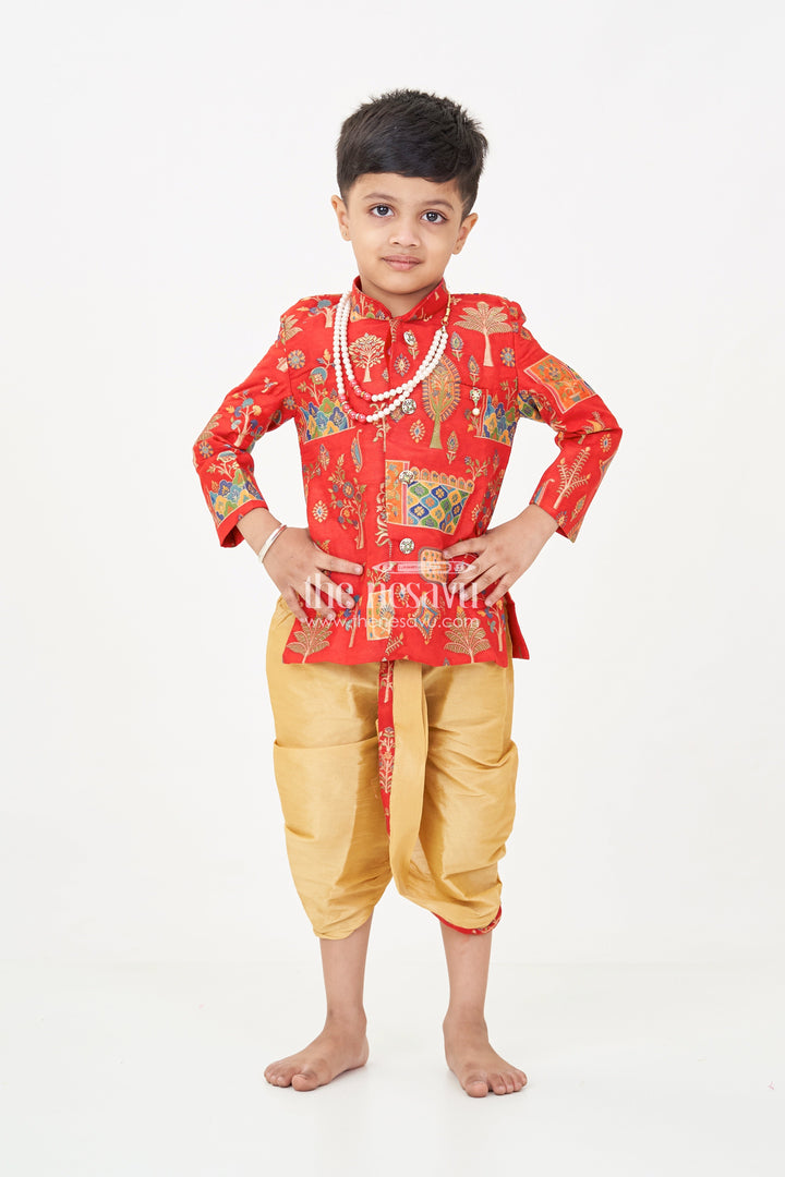The Nesavu Boys Sherwani Boys Dhoti Sherwani Set with Red Digital Printed Kurta Jacket and Traditional Accessories Included Nesavu Boys dhoti sherwani Set Red Digital Print Kurta Full Traditional Accessory Kit | The Nesavu
