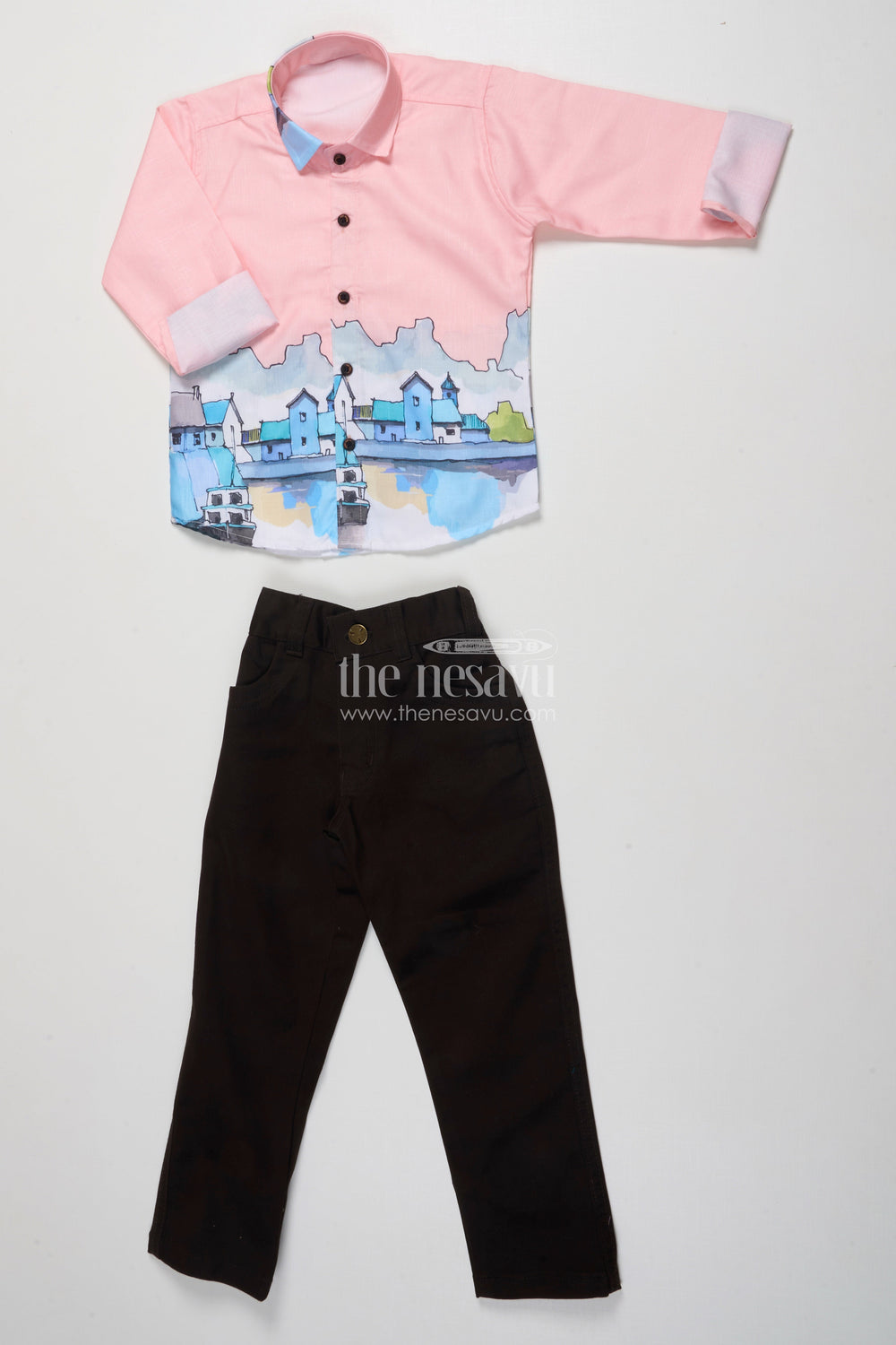 The Nesavu Boys Casual Set Boys Digital Print Kurta Set for Ethnic Day and Photo Sessions Nesavu 20 (3Y) / Pink BCS498A-20 Nesavu boys cotton kurta set digital print ethnic school days photo-ready looks