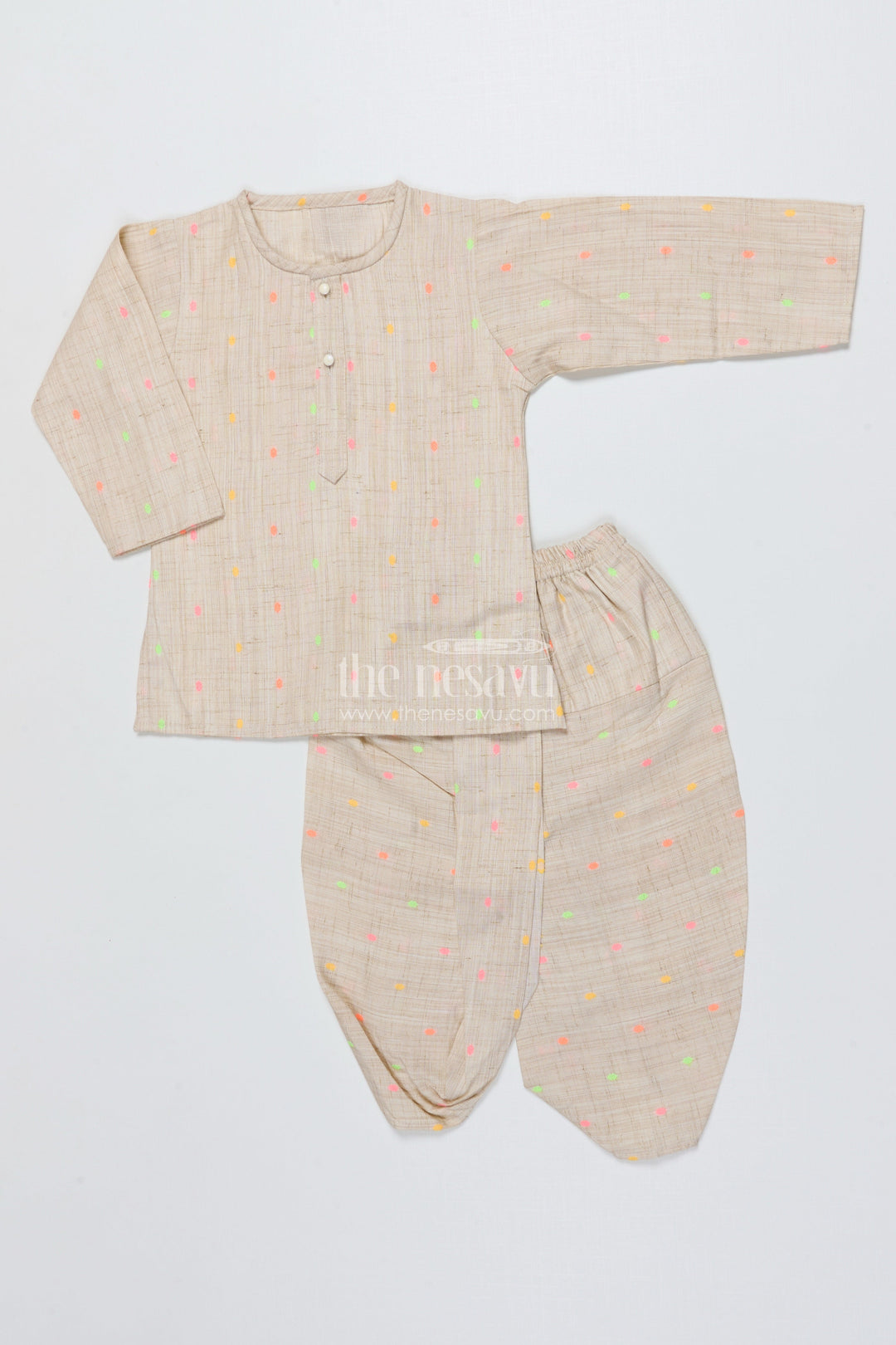 The Nesavu Boys Kurtha Set Boys Digital Print Kurta Set for Traditional School Events Nesavu 12 (3M) / Beige BES938A-12 Nesavu boys printed cotton kurta set ethnic school events traditional celebrations